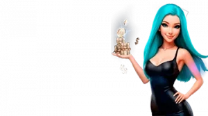 Изображение женского персонажа, держащего стопку монет, рекламирующего приветственный бонус в казино BitStarz в игривом и привлекательном стиле.